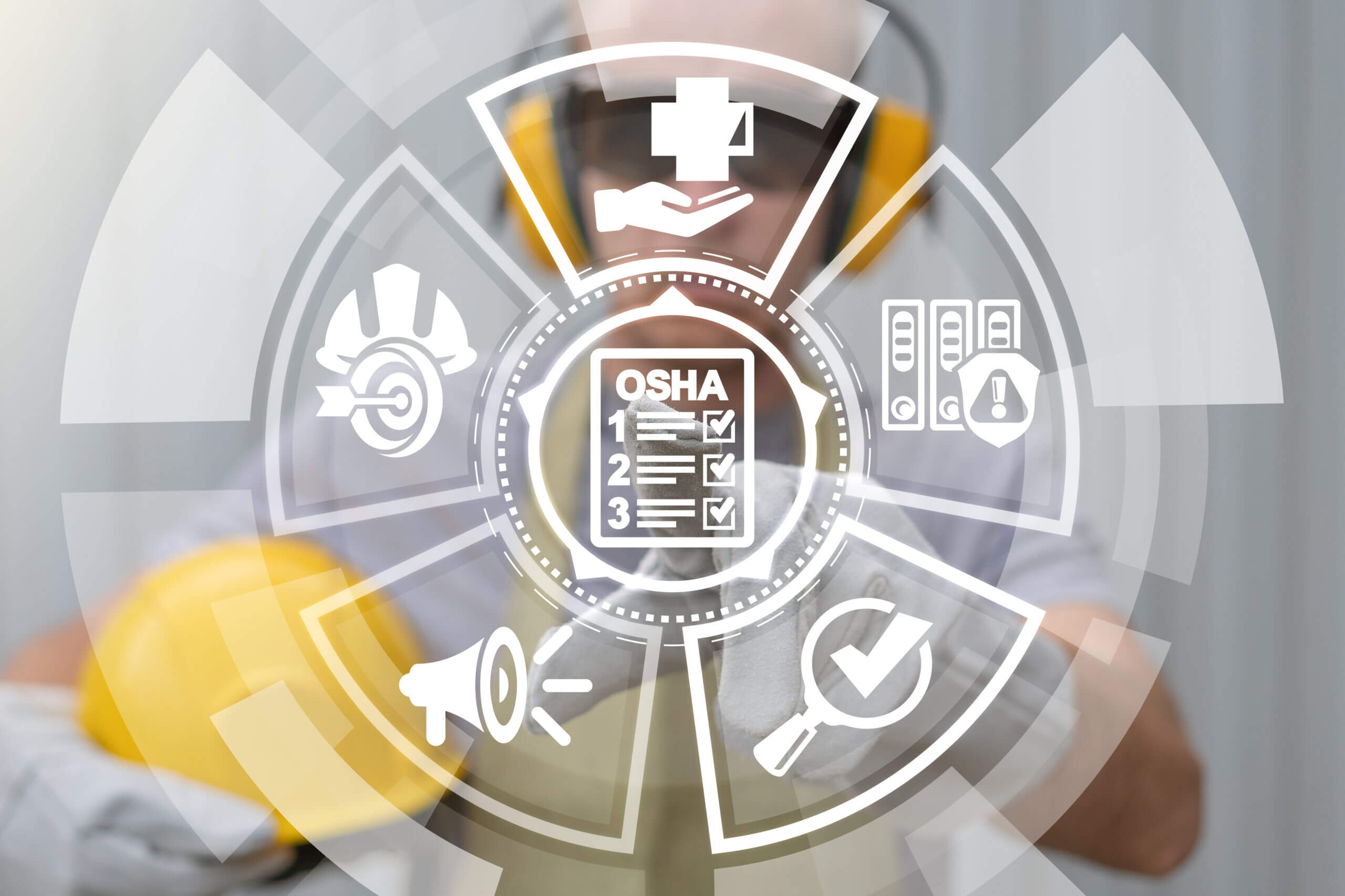 Occupational Safety and Health Administration. OSHA checklist documents. Industry employee working on virtual touchscreen selects osha document icon. Occupational Safety and Health Administration. OSHA checklist documents. Industry employee working on virtual touchscreen selects osha document icon.