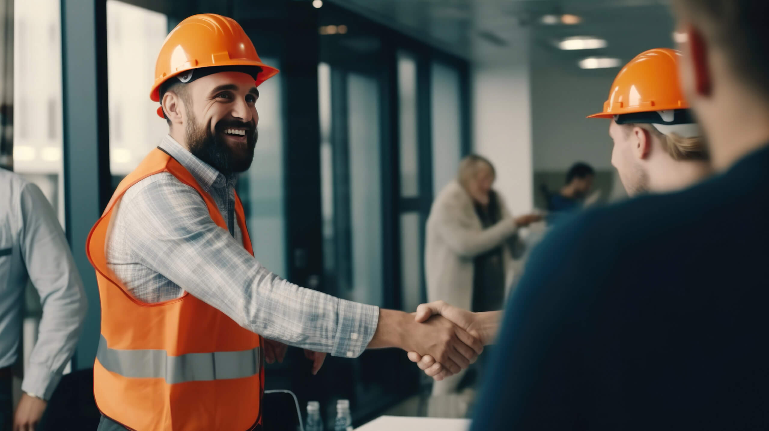 Close-Up of Helmeted Construction Workers Shaking Hands at Work